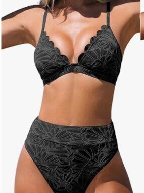 Cupshe NWT Bikini Set Black Textured Scalloped High Waisted